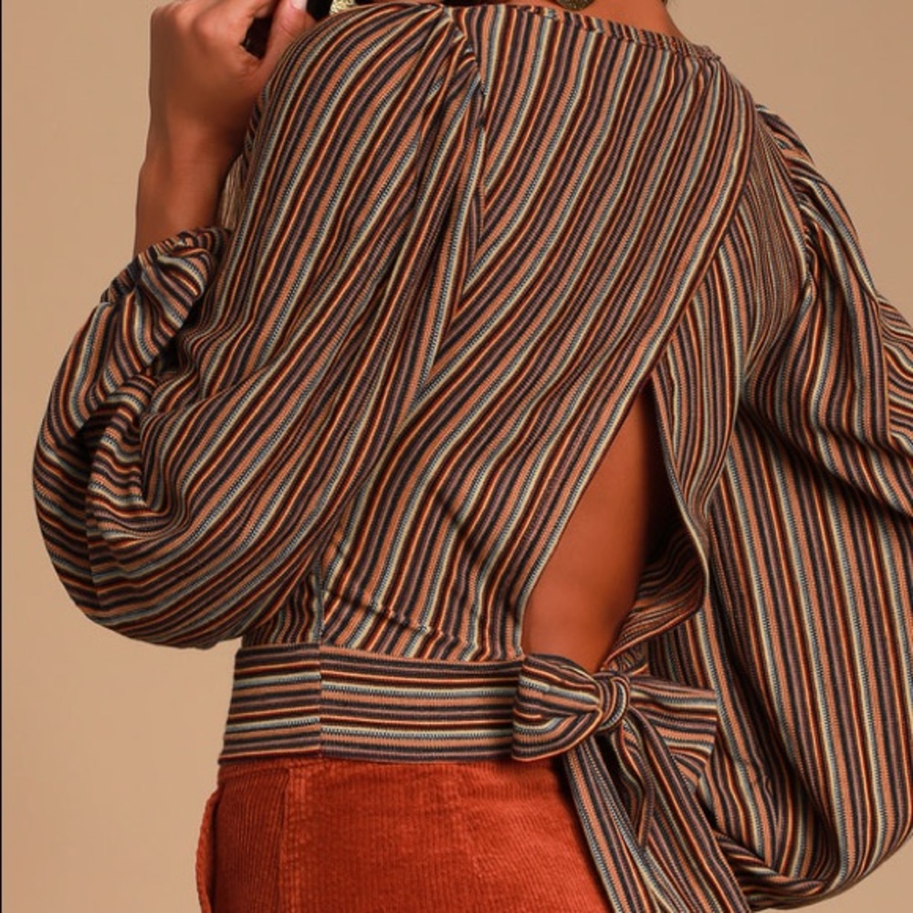 Free People Navy Multi-Striped Tie-Back Top
